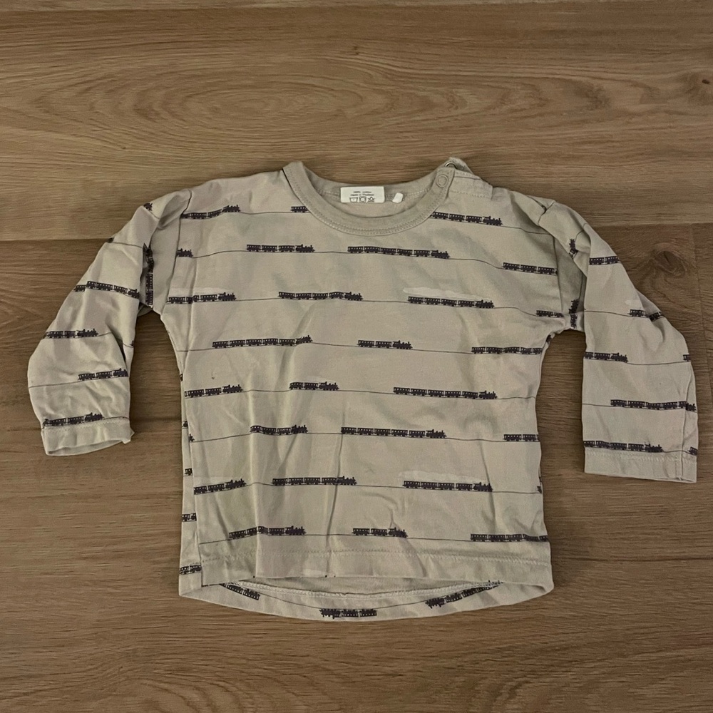 9-12M Trains Long-Sleeve Top - Beige